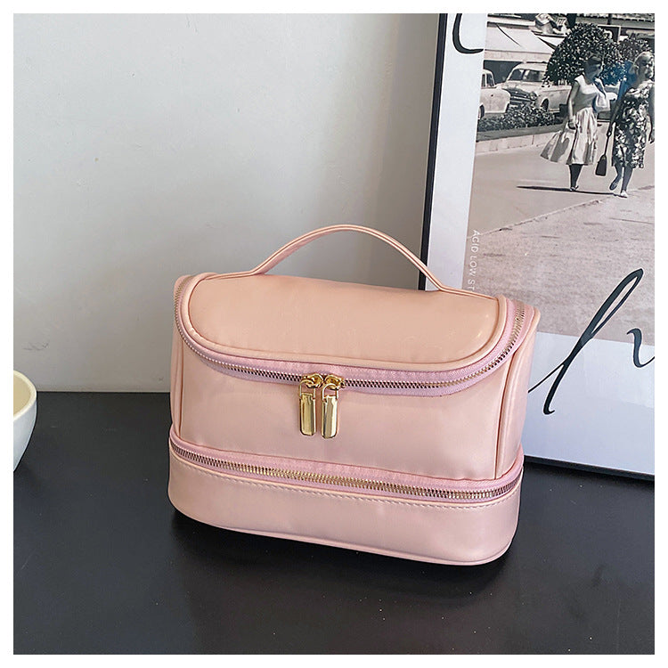 Pink Large Capacity Double Layer PU Leather Makeup Bag - Portable Travel Cosmetic Organizer Case