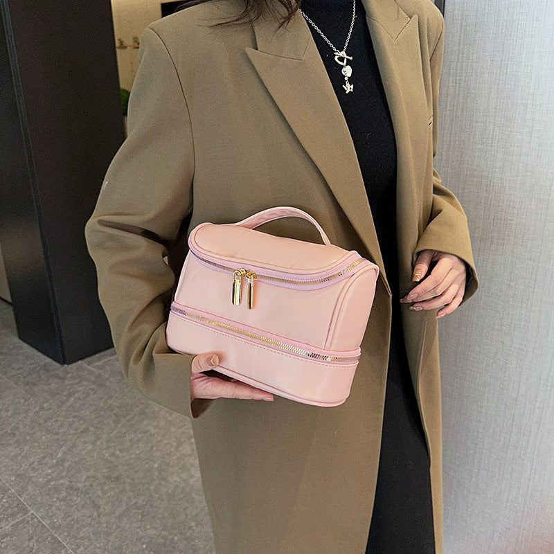 Pink Large Capacity Double Layer PU Leather Makeup Bag - Portable Travel Cosmetic Organizer Case