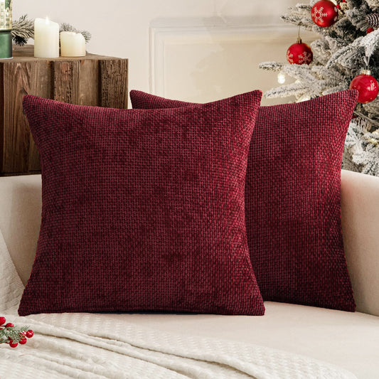 Dark Red Plush Chenille Cushion Covers Set of 2 - Soft Textured Decorative Throw Pillow Cases for Sofa Couch, 45x45cm