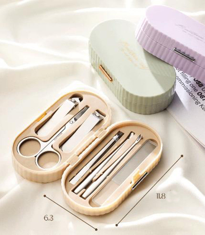 Beige Compact 7-Piece Manicure Set - Stainless Steel Nail Grooming Kit with Stylish Travel Case