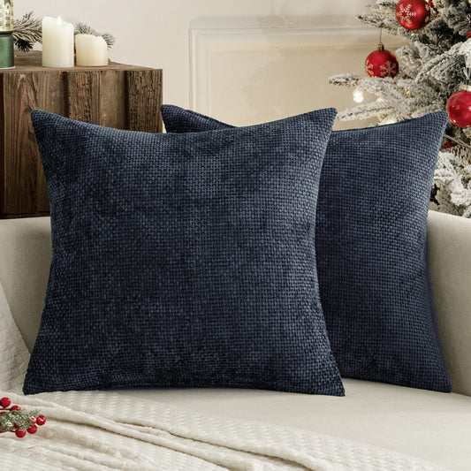 Dark Blue Plush Chenille Cushion Covers Set of 2 - Soft Textured Decorative Throw Pillow Cases for Sofa Couch, 45x45cm