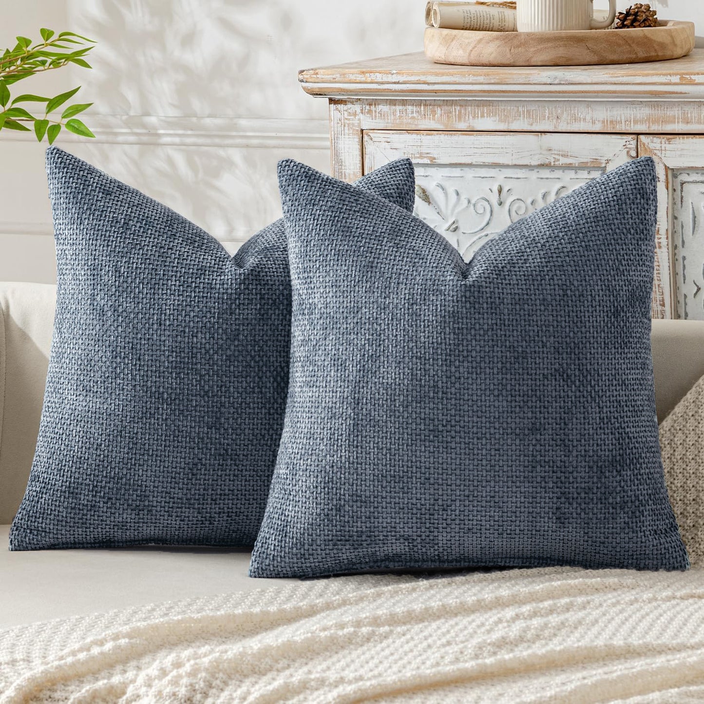 Light Blue Plush Chenille Cushion Covers Set of 2 - Soft Textured Decorative Throw Pillow Cases for Sofa Couch, 45x45cm
