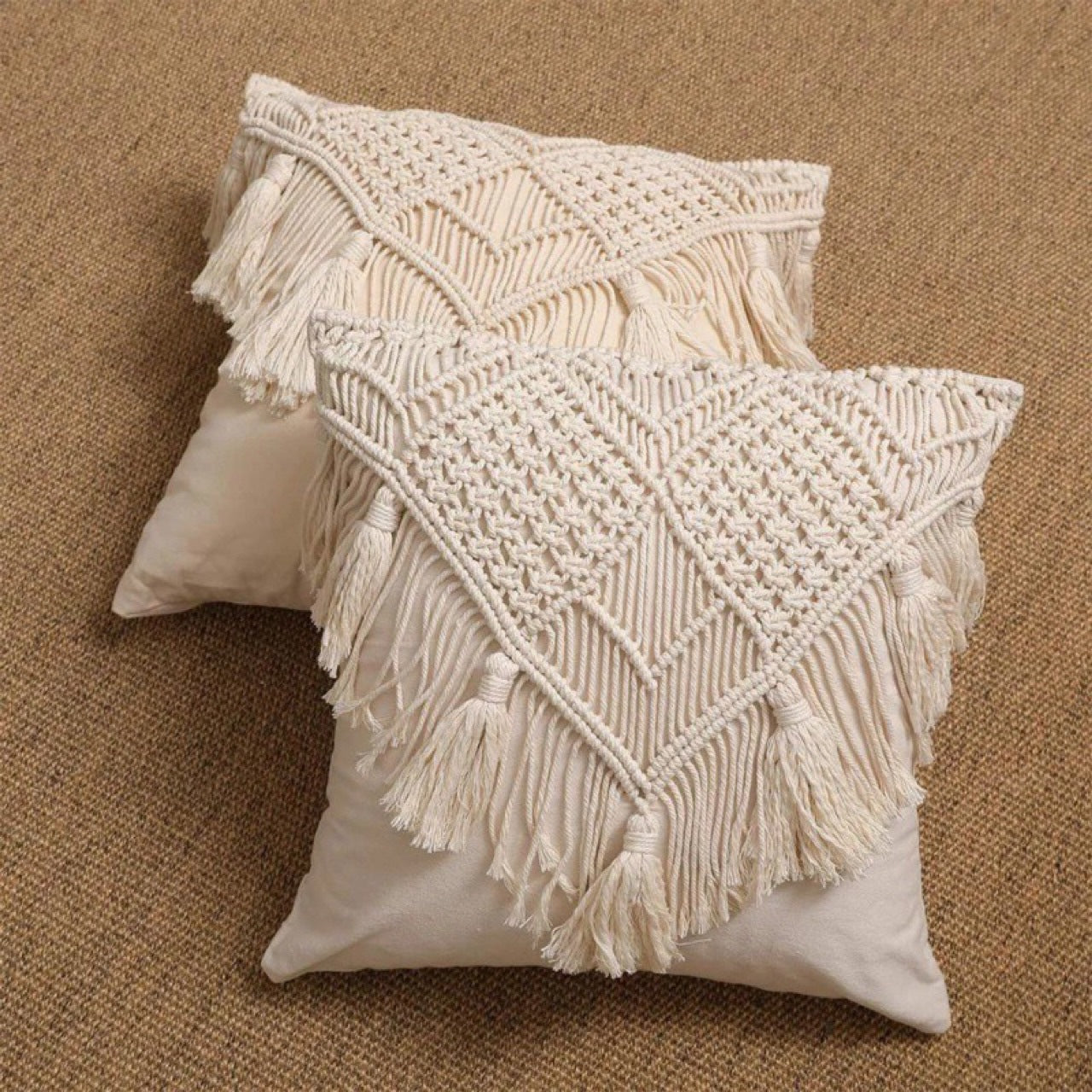Grey Boho Chic Macrame Cushion Cover - Handmade Woven Cotton Linen Pillow Case with Tassels - Decorative Throw Pillow Sham 45x45cm (Cover Only)