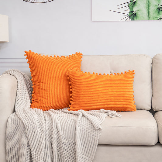 Orange Soft Corduroy Cushion Cover Set (1 Square + 1 Rectangular) with Pom Pom Trim - Decorative Throw Pillow Cases for Sofa Couch