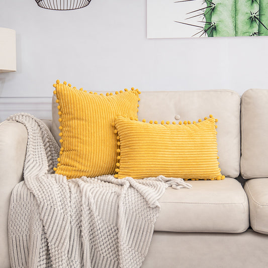 Yellow Soft Corduroy Cushion Cover Set (1 Square + 1 Rectangular) with Pom Pom Trim - Decorative Throw Pillow Cases for Sofa Couch
