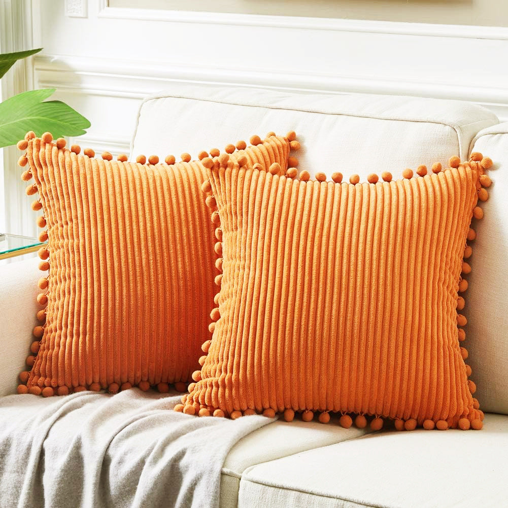 Orange Soft Corduroy Cushion Covers with Pom Pom Trim - Set of 2 Decorative Throw Pillow Cases for Sofa Couch Bed, 45x45cm