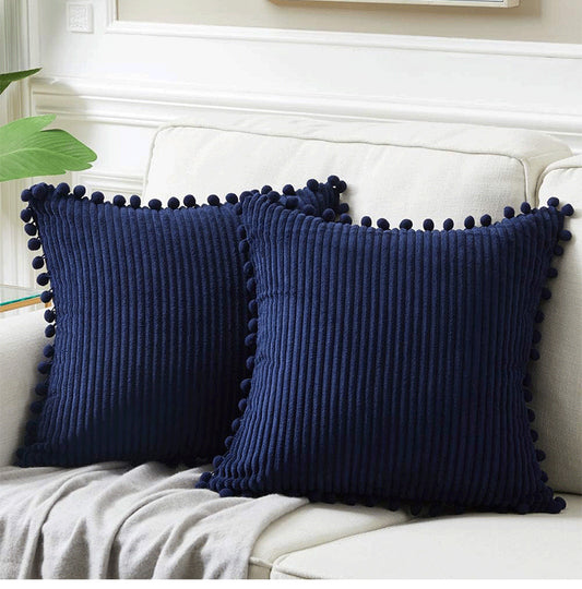 Navy Blue Soft Corduroy Cushion Covers with Pom Pom Trim - Set of 2 Decorative Throw Pillow Cases for Sofa Couch Bed, 45x45cm