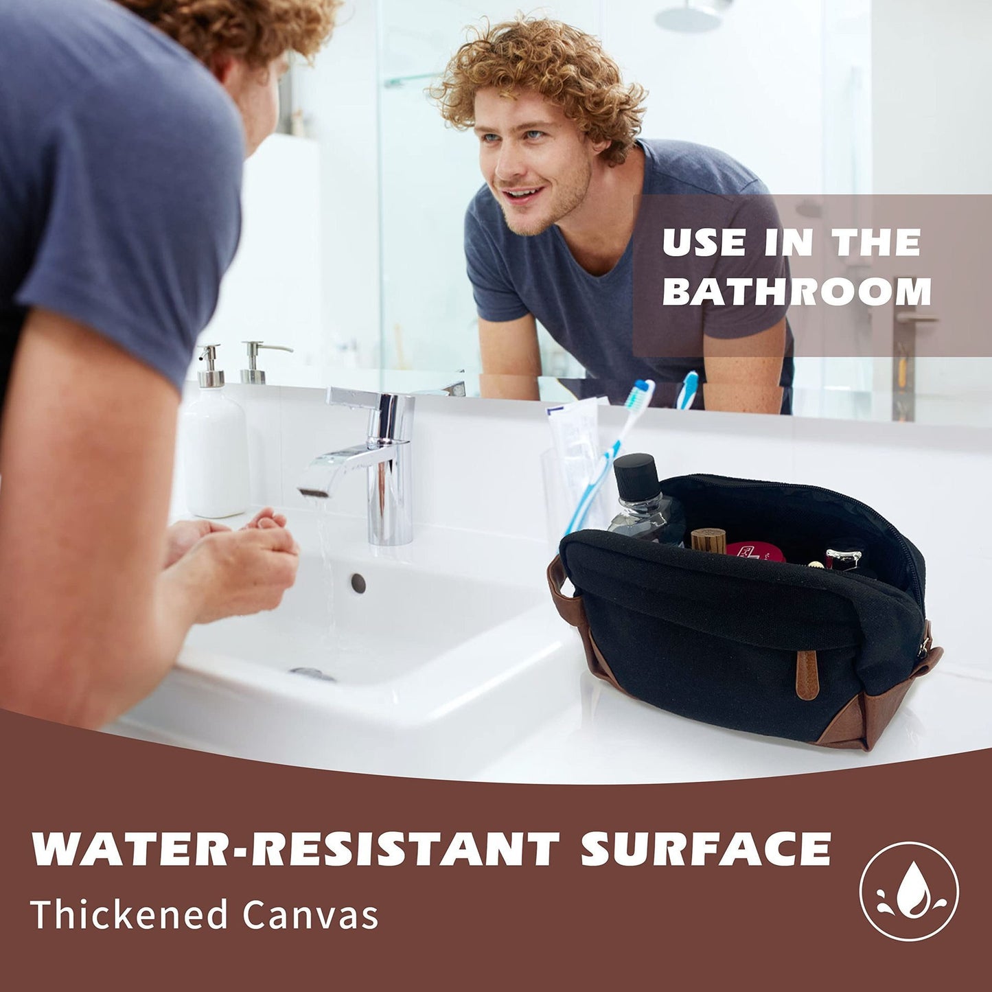 Dark Blue And Brown Men's Canvas Toiletry Bag - Large Capacity Water-Resistant Travel Organizer Dopp Kit with Handle