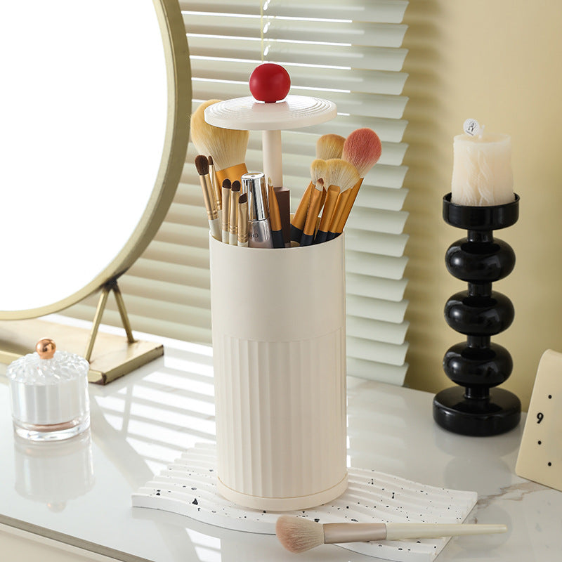 Beige Automatic Lifting Makeup Brush Holder - Dustproof Desktop Organizer with Lid & Compartments