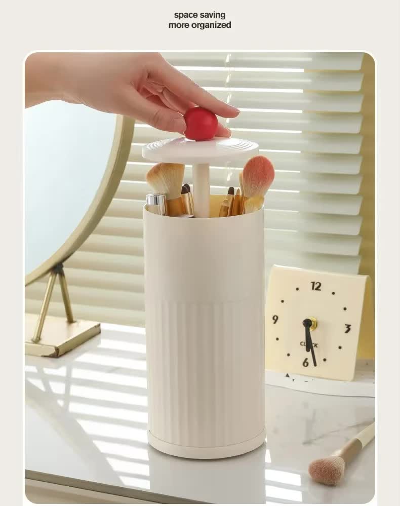 Black Automatic Lifting Makeup Brush Holder - Dustproof Desktop Organizer with Lid & Compartments