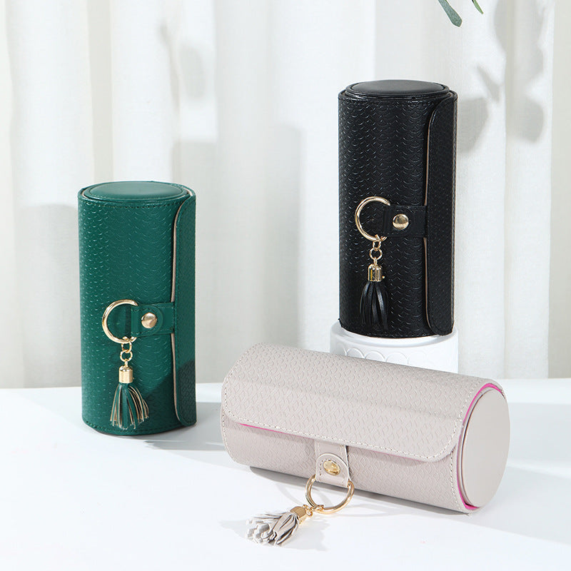 Green Elegant 3-Tier Cylindrical Travel Jewellery Box - PU Leather Organizer for Rings Earrings Necklaces with Tassel Charm
