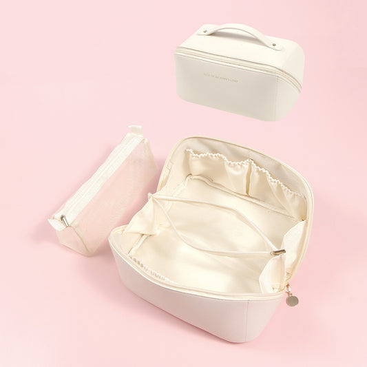 Beige Elegant PU Leather Makeup Bag & Toiletry Organizer with Detachable Mesh Pouch - Large Capacity Travel Cosmetic Case