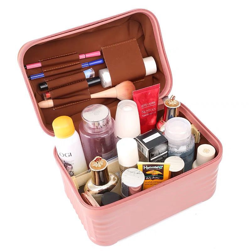 Pink Durable Hard Shell Makeup Travel Case - Large Capacity Portable Cosmetic Organizer Box with Handle