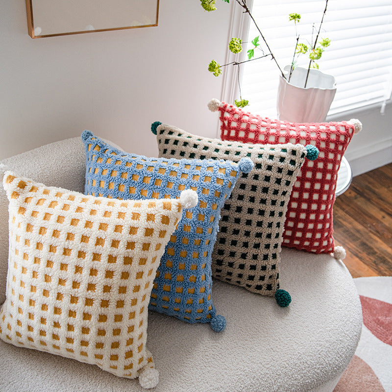 Blue and Yellow 3D Checkered Cushion Cover with Pom Poms - Soft Decorative Pillow Case for Sofa & Living Room (45x45cm, Cover Only)
