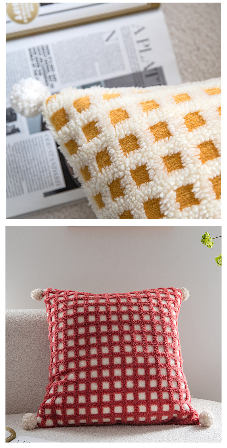 Beige and Yellow 3D Checkered Cushion Cover with Pom Poms - Soft Decorative Pillow Case for Sofa & Living Room (45x45cm, Cover Only)