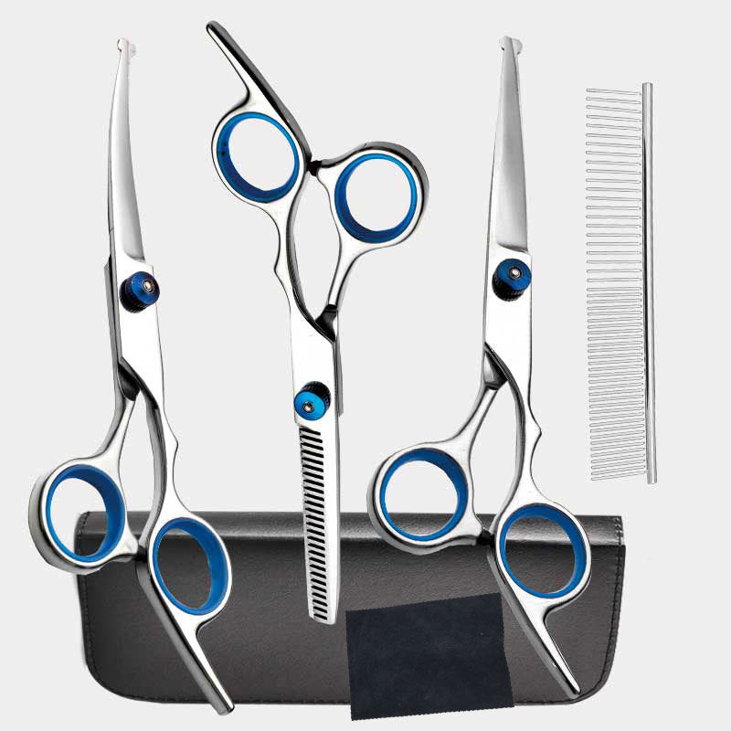 Blue and Silver Complete 5-Piece Pet Grooming Scissors Kit - Stainless Steel Straight, Curved & Thinning Shears with Comb & PU Case (6.0 Inch)