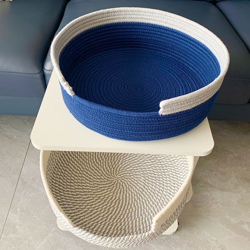 Grey and White Chic Two-Tone Woven Cotton Rope Cat Bed - Cozy Handmade Pet Nest & Storage Basket