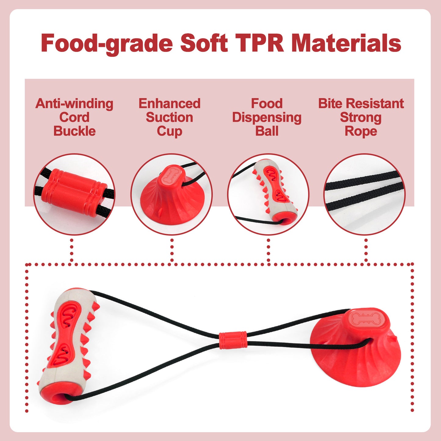 Red Interactive Dog Suction Cup Tug Toy - Durable TPR Chew & Treat Dispenser for Teeth Cleaning & Solo Play