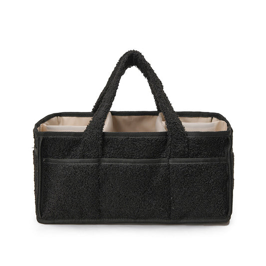 Black Large Plush Nappy Caddy Organizer - Portable Diaper Storage Bin & Nursery Tote Bag