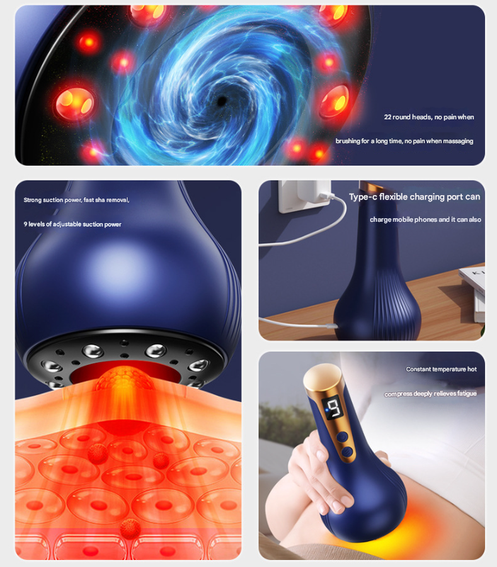 Blue Electric Meridian Scraping Massager with Air Release Valve - Full Body Suction Therapy, 16.6x8.4cm