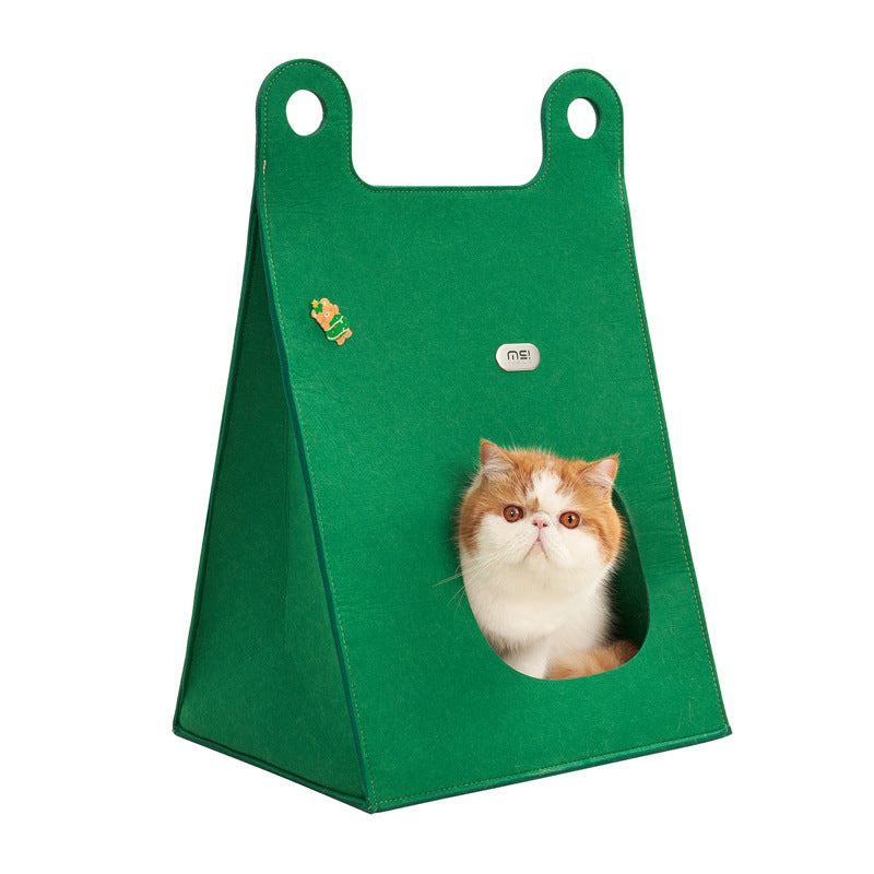 Green Cozy A-Frame Felt Pet Teepee - Foldable & Portable Cat Cave Bed with Easy Carry Handle