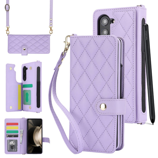 Purple Galaxy Z Fold4 Multi-Functional Leather Wallet Case for Samsung Z Fold Series - Crossbody with Pen Slot, Quilted Design Pen Not Included