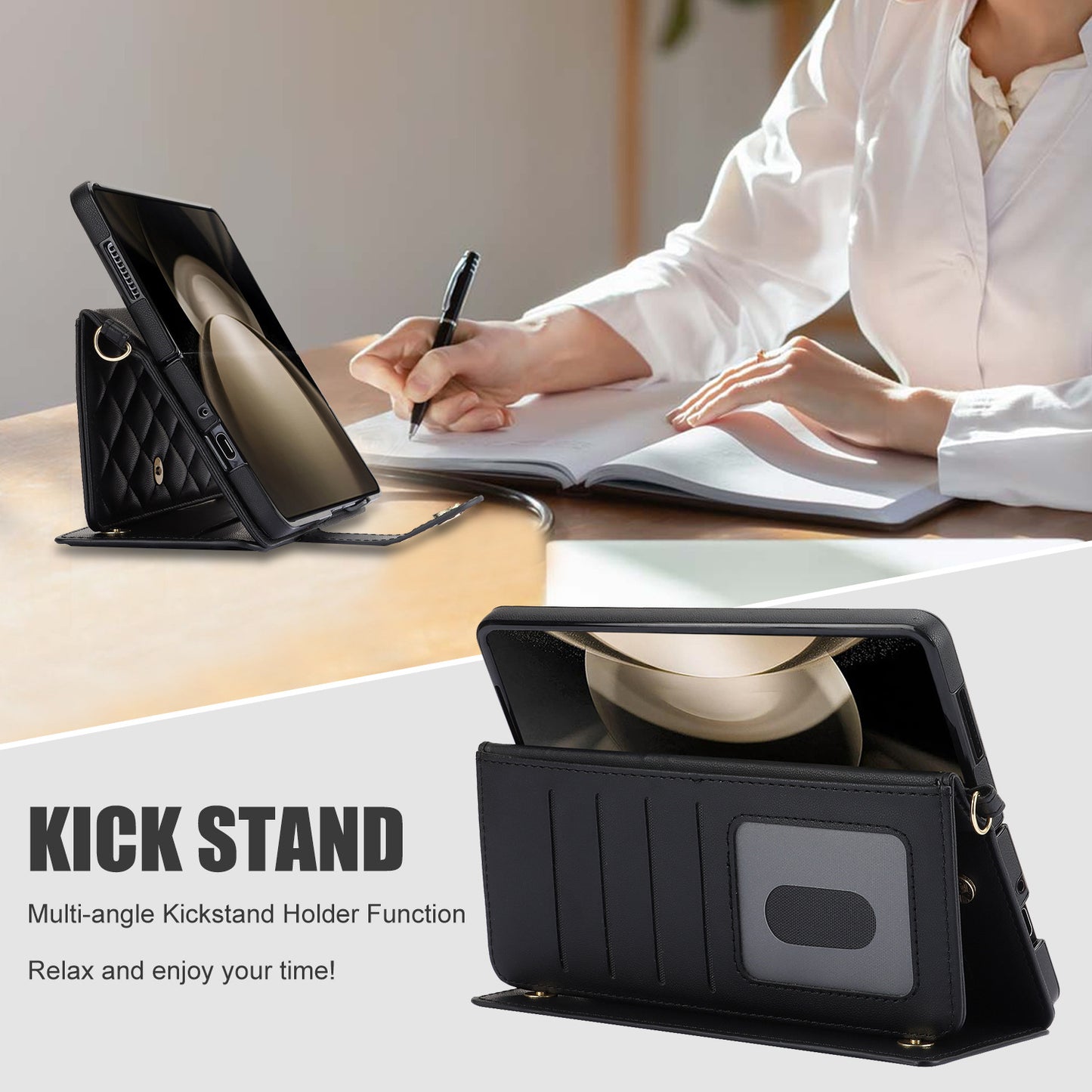 Purple Galaxy Z Fold4 Multi-Functional Leather Wallet Case for Samsung Z Fold Series - Crossbody with Pen Slot, Quilted Design Pen Not Included