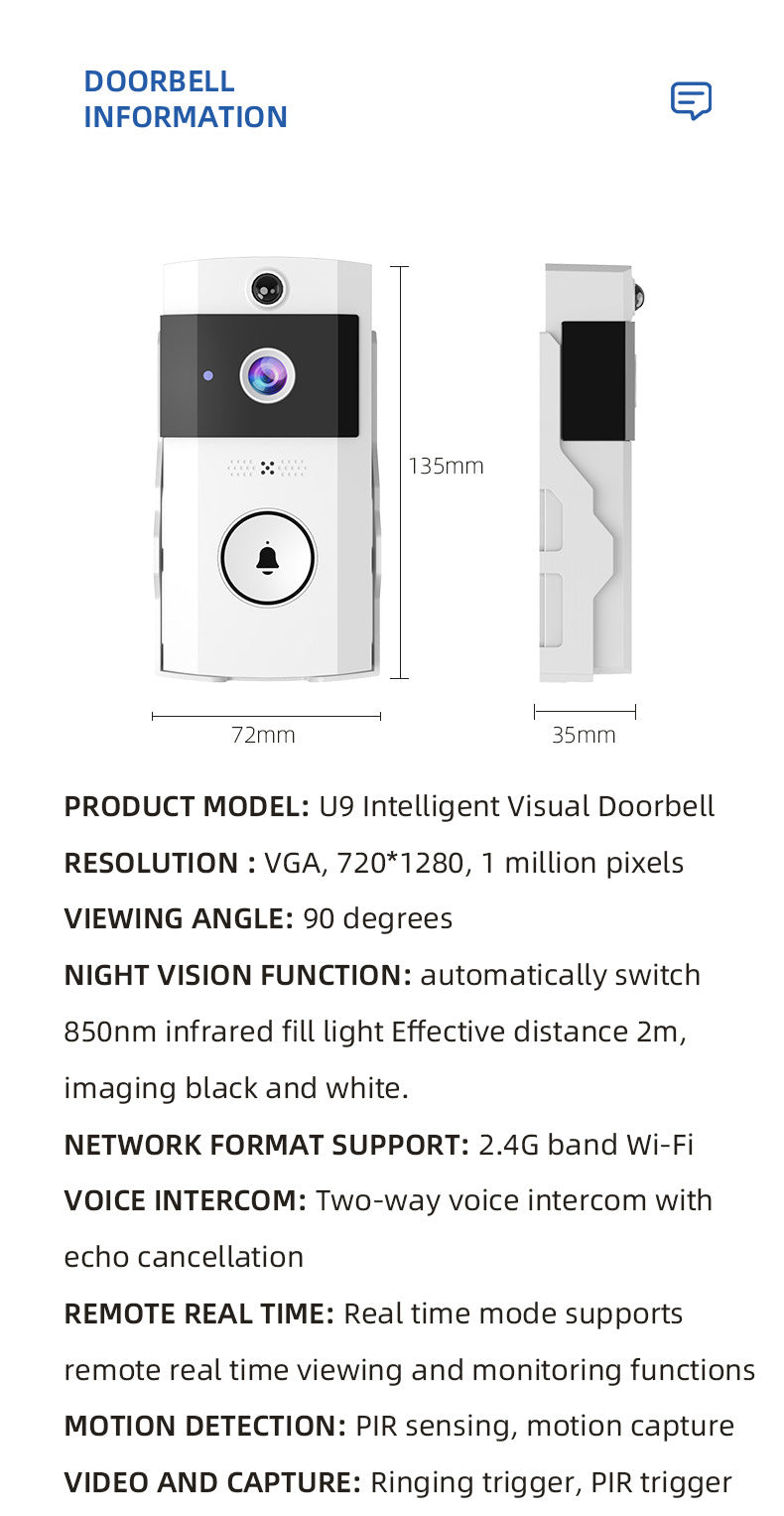 U9 Visual Doorbell HD Wireless Video Doorbell with Long-Lasting Battery