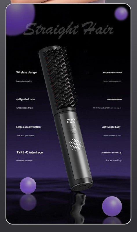 Cordless Hair Straightener Comb - 4 Temperature Settings, USB-C, PTC Heating(black)