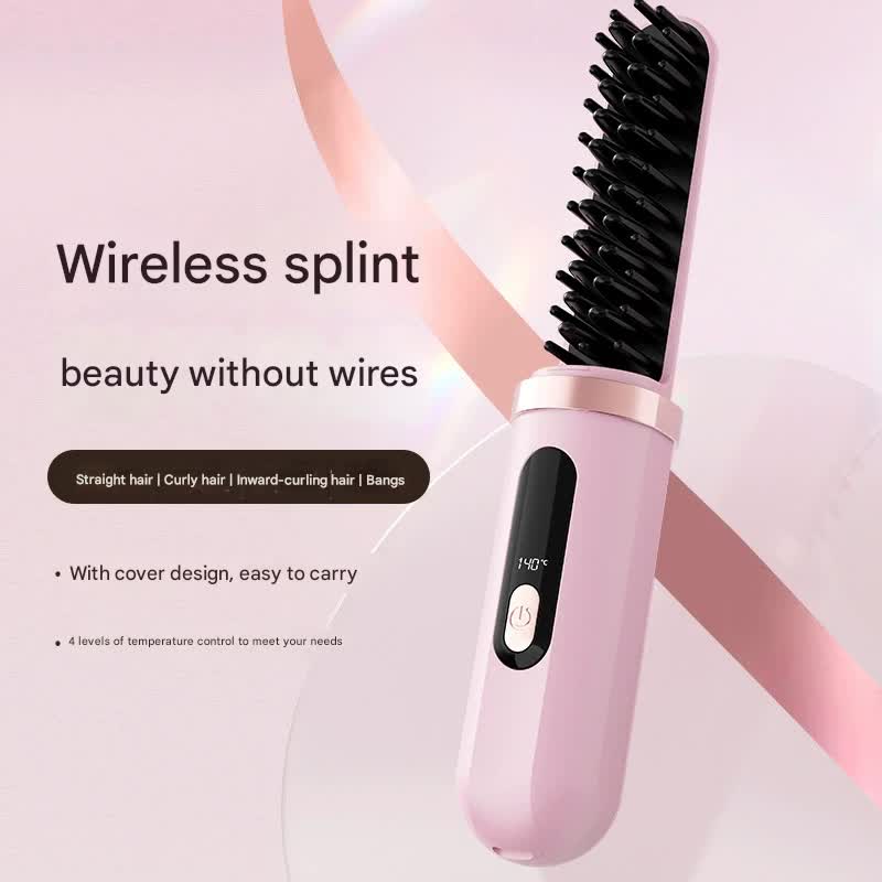 Cordless Hair Straightener Brush - 4000mAh USB-C Rechargeable, 4 Temps, Anti-Scald 3D Comb Design(Pink)