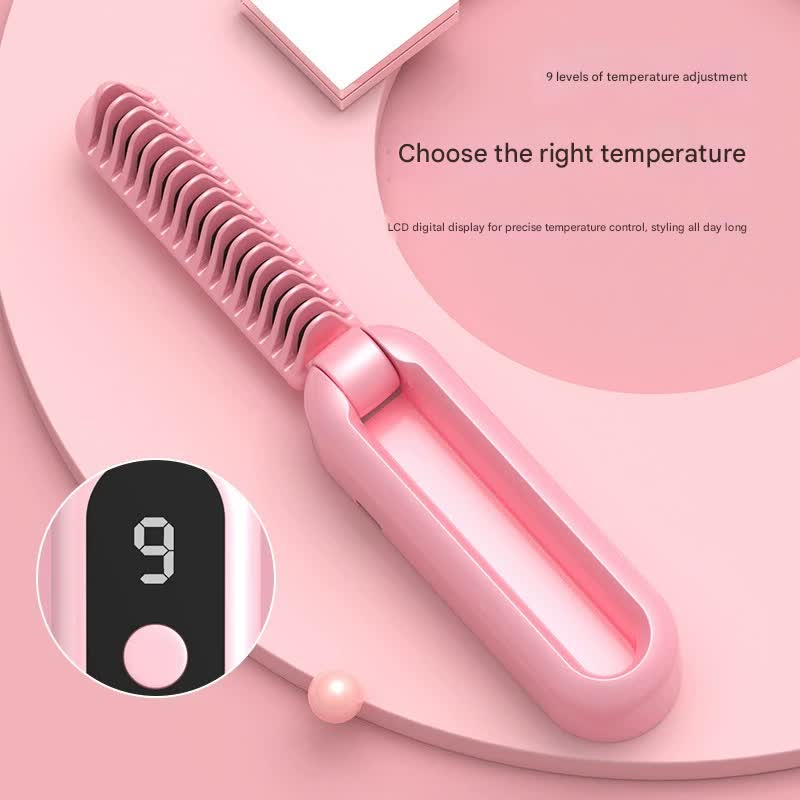 Foldable Wireless Hair Straightener Comb - 9 Temperature Settings, Anti-Scald, USB-C Rechargeable(pink)