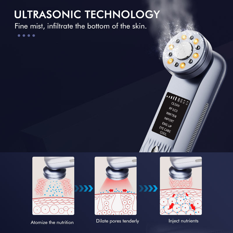 Multi-Functional Facial Beauty Device - Ultrasonic, EMS, RF LED, Cool Therapy & Eye Care(white)