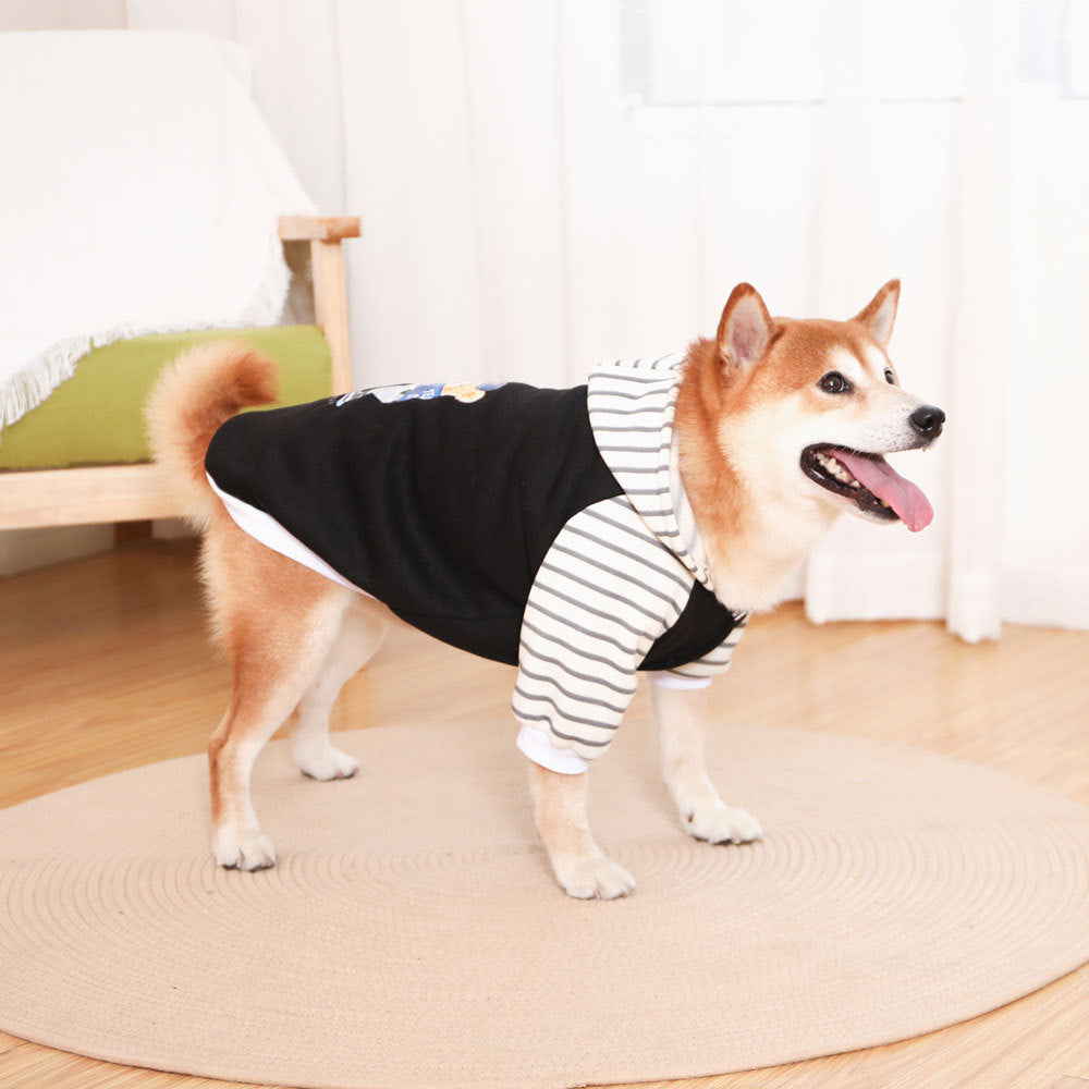 Autumn/Winter Dog Clothes - Black Hoodie with Striped Hood & Baseball Bear (Size - S)