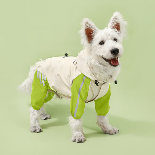 Colorblock (White Green) Dog Raincoat - Waterproof with Hood and Reflective Strips (Size M)