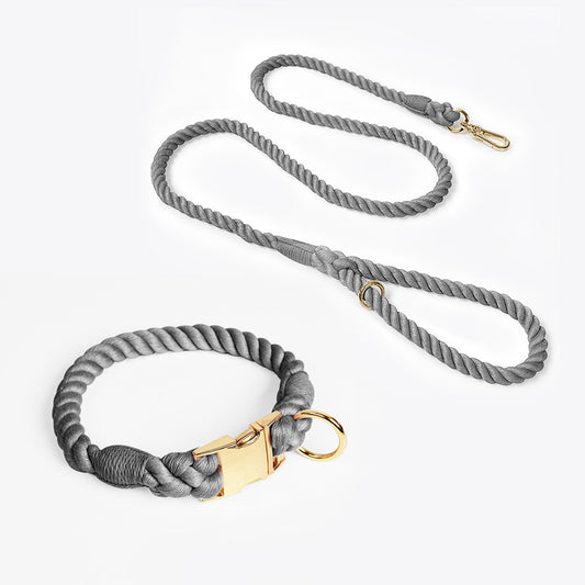 Handmade Rope Dog Collar and Leash Set - Colorful Woven Cotton Cotton (Dark Gray - Size S)