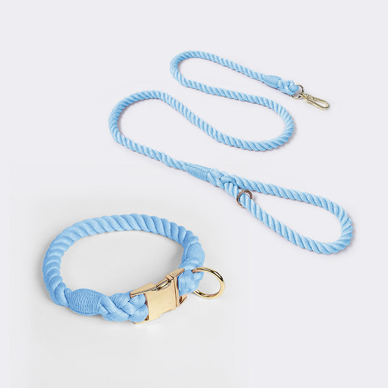 Handmade Rope Dog Collar and Leash Set - Colorful Woven Cotton Cotton (Sky blue - Size S)