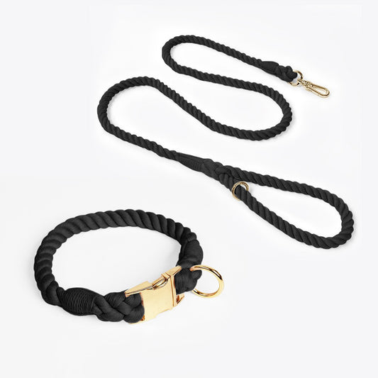 Handmade Rope Dog Collar and Leash Set - Colorful Woven Cotton Cotton (Black - Size S)