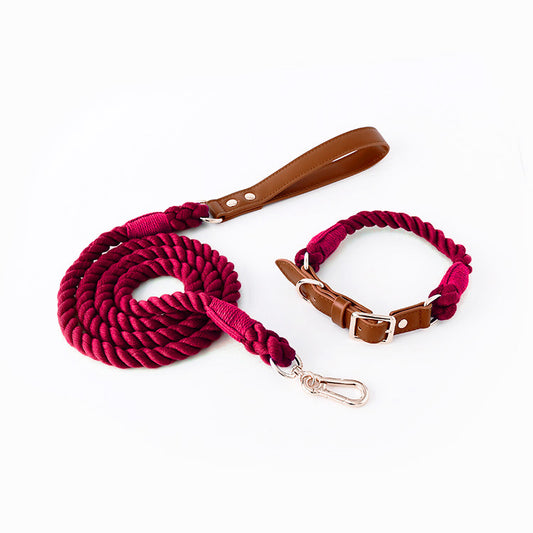 Premium Leather Pet Collar and Leash - Soft, Strong Braided Rope (Wine red - Size S)