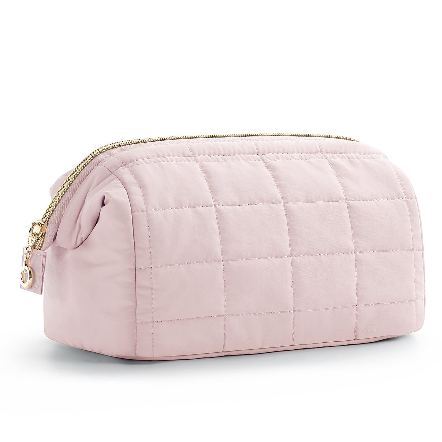 Pink Chic Quilted Puffer Makeup Bag - Large Capacity Travel Cosmetic Organizer with Wide Opening