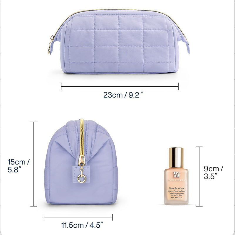 Beige Chic Quilted Puffer Makeup Bag - Large Capacity Travel Cosmetic Organizer with Wide Opening