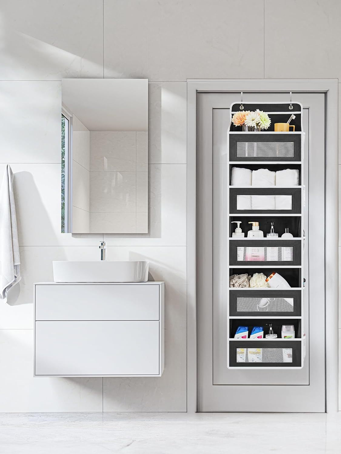 Grey Heavy Duty 5-Tier Over-The-Door Hanging Organizer - Space-Saving Storage with Clear Windows & Mesh Pockets