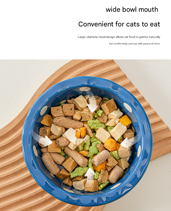 Blue Adorable Mushroom Ceramic Elevated Cat Bowl - Anti-Vomiting & Spine Protecting Pet Feeder with Polka Dots