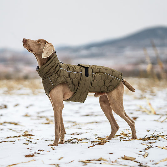 Size S Olive Green Warm Quilted Dog Winter Coat - Adjustable Fleece-Lined Puffer Vest with Reflective Trim & Leash Port