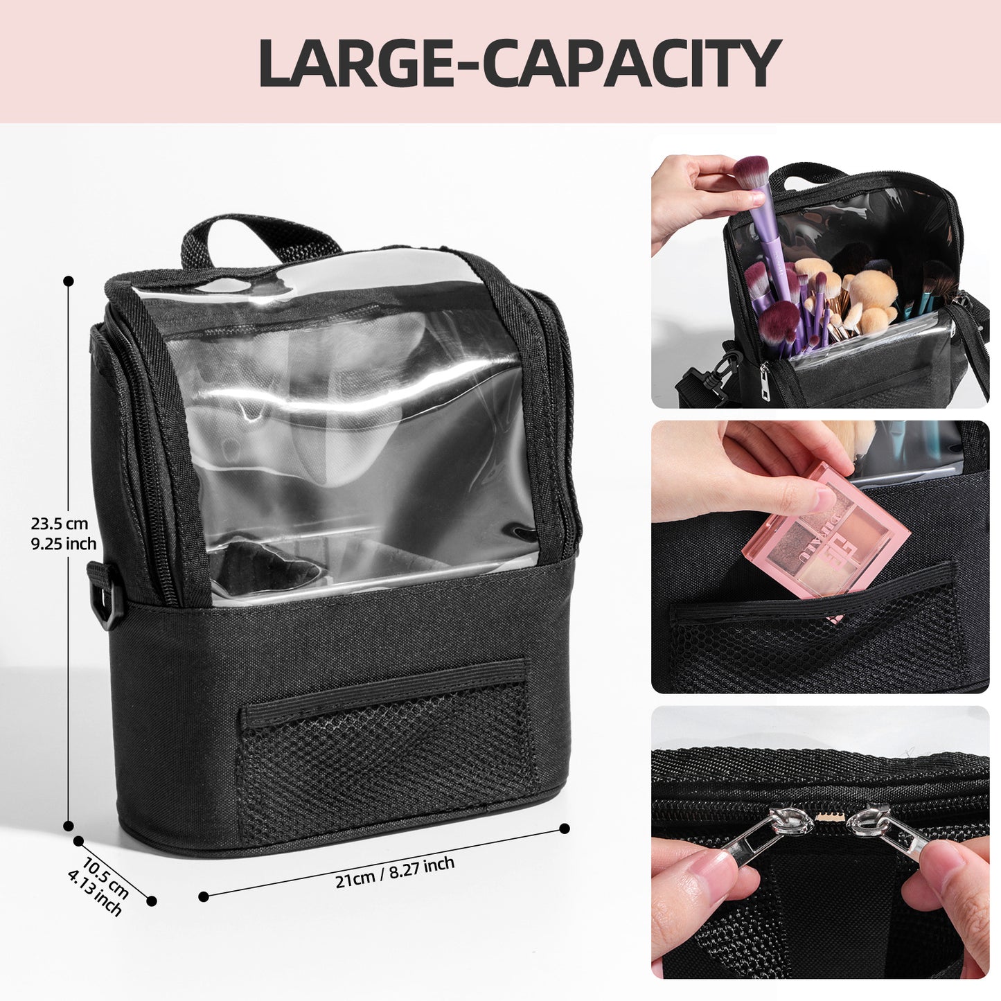 Black Professional Makeup Bag Organizer - Large Capacity Travel Cosmetic Case with Brush Holder, Adjustable Dividers & Shoulder Strap
