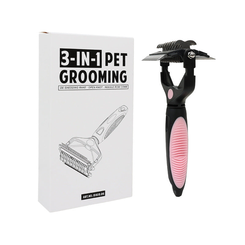 Pink and Black Professional 3-in-1 Pet Grooming Tool - Dematting Rake, Deshedding Comb & Finishing Brush for Dogs & Cats