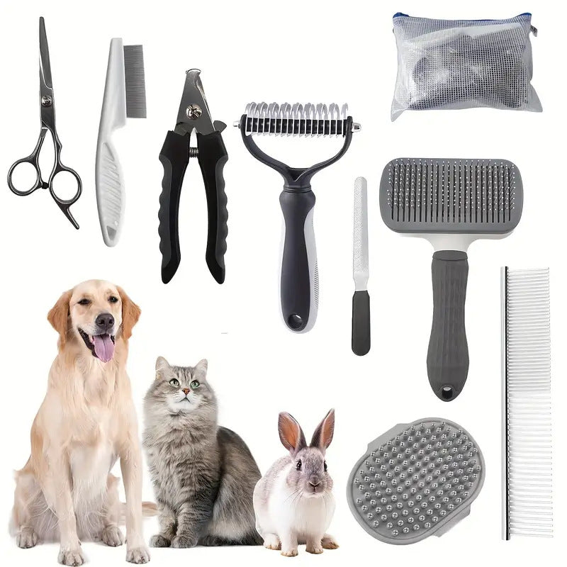 Grey Professional 9-Piece Pet Grooming Kit - DeShedding Brushes, Nail Clippers, Combs & Scissors Set for Dogs, Cats & Rabbits with Storage Bag