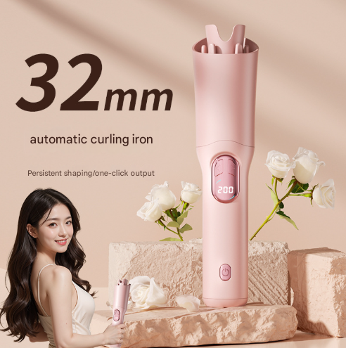Pink Portable Cordless Hair Curler - USB-C Rechargeable Automatic Hair Waver with Ceramic Barrel & Anti-Scald Design