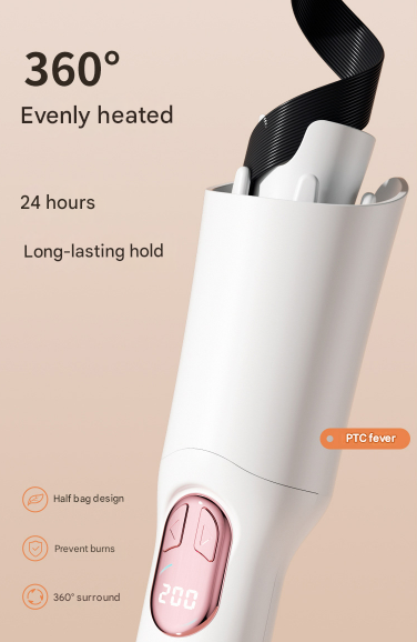 Pink Portable Cordless Hair Curler - USB-C Rechargeable Automatic Hair Waver with Ceramic Barrel & Anti-Scald Design