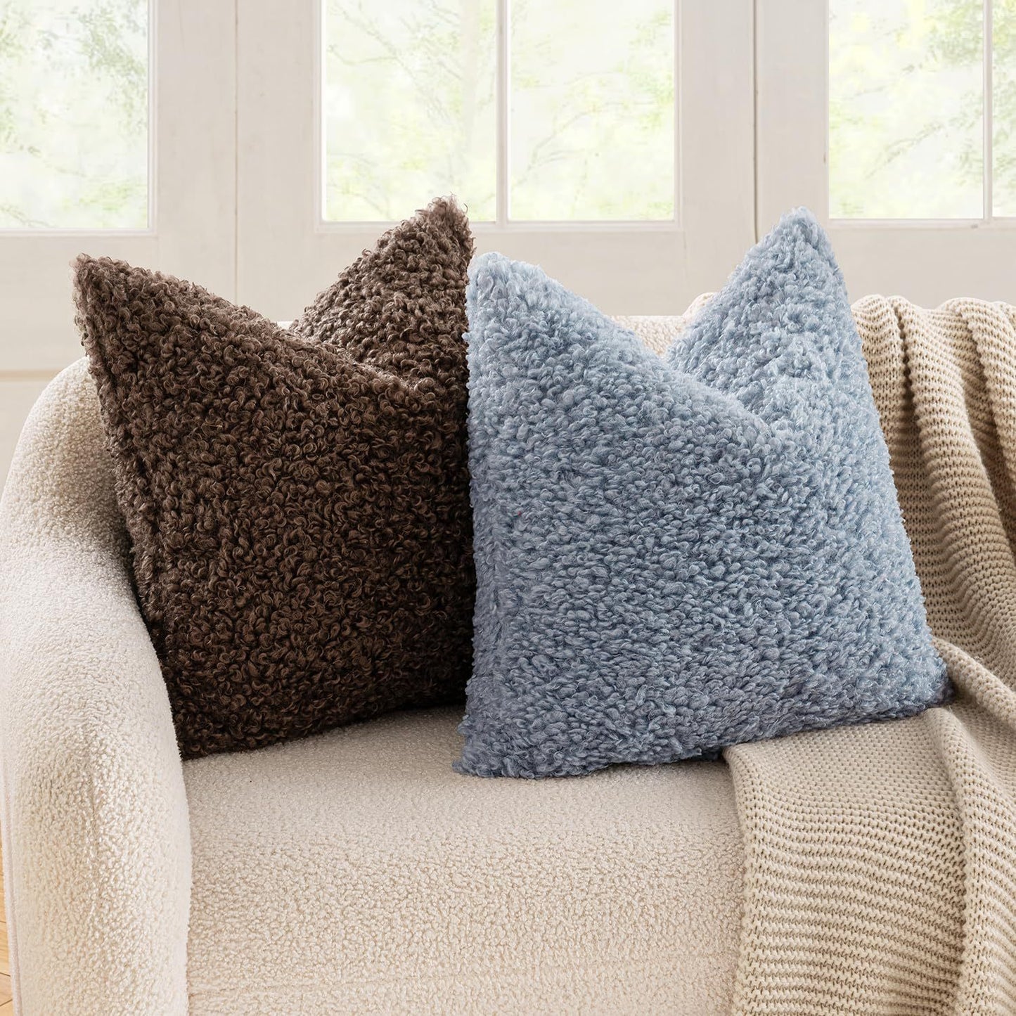 2 Pcs Coffee Cozy Teddy Boucle Cushion Cover - Plush Decorative Square Pillow Case for Sofa & Bed