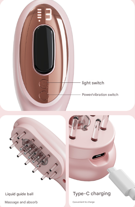 Pink Rechargeable Electric Scalp Massager with Red & Blue Light Therapy - Hair Oil & Serum Applicator Comb(Not containing essential oils)